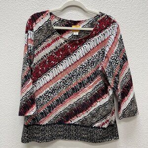 Ruby Rd Womens Large Shirt Top 3/4 Sleeve Embellished Neck Sequins Animal Print